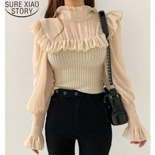 Chiffon Spliced Knit Blouses Women Shirts Autumn and Winter 2021 Korean Chic Fashion Elegant Turtleneck Shirt Tops Blusas 16481