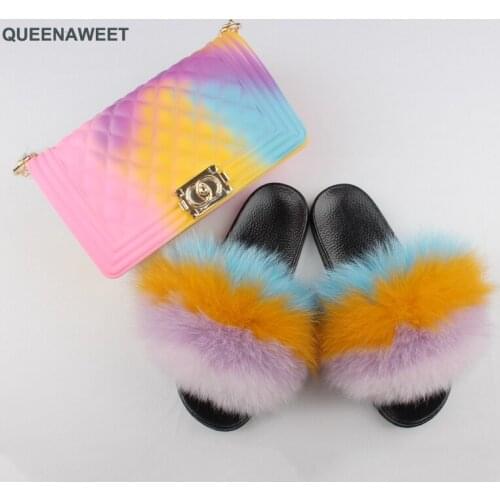 Woman Shoes Fur Slides Women Fox Fur Slippers Matte Colorful Jelly Bags Multi Color Women Shoe Flip Flops fluffy Slippers Sets
