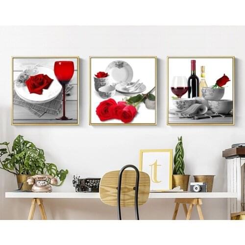 Dining Room Red Wine and Rose Frameless Painting Wine Glass Tableware Kitchen Living Room Decoration Canvas Painting Wall Art
