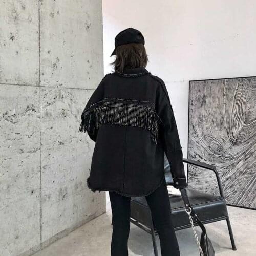 NEW Womens Black Lapel Slim Fringe Decorative Long Sleeve Jacket Autumn Hot Drilling Raw Edge Casual Street Coat Female