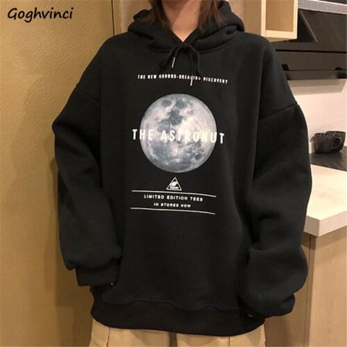 With Hat Hoodies Women Hooded Printed Loose Thicken Winter Leisure Harajuku All-match Stylish Teens Black Womens Chic Streetwear