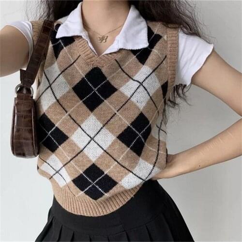 Preppy Style V Neck Casual 90s Aesthetic Clothes For Women Vintage Soft Girl Sleeveless Plaid Knitted Tank Tops Female Knitwear