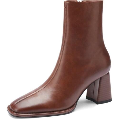 Concise Office Women Ankle Boots Autumn Winter Genuine Leather Square Toe Thick high Heels boots side Zipper Shoes Woman