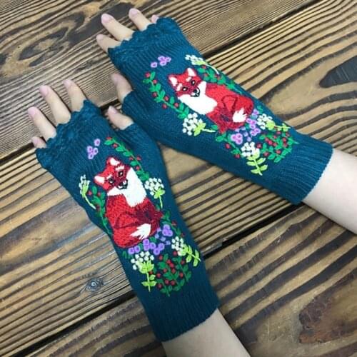 Women Knitted Lengthen Fingerless Gloves Animal Embroidery Mittens Arm Warmers X7JB