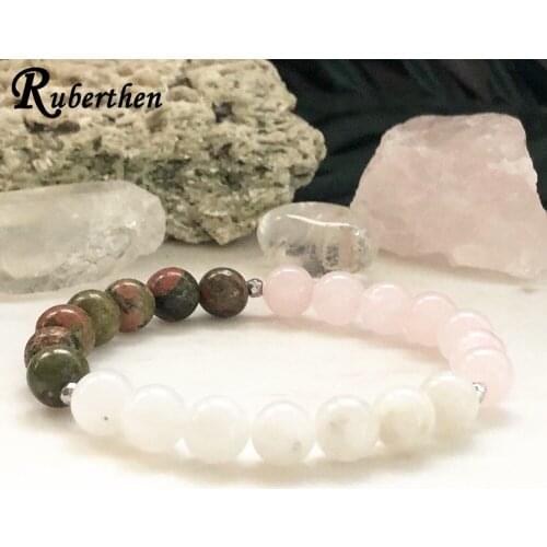 Ruberthen A Grade Moonstone Bracelet for Women Rose Crystals Bracelet Natural Unakite Stone Lucky Bracelet Anxiety Bracelet