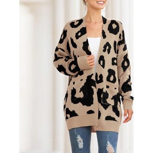Leopard Print 2021 Autumn Winter Cardigan Sweater Womens Mid-Length Double Pocket Long Sleeve Fashion New Knitted Top Sweaters