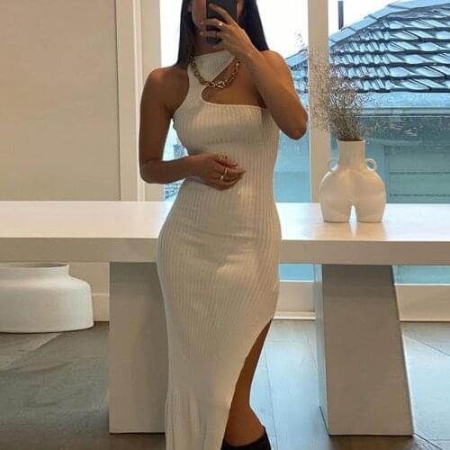 Womens Cut Out Halter Split Long Dress Knitted Sleeveless Solid Slim Dresses For Women Summer Sexy Ladies Party Vestidos