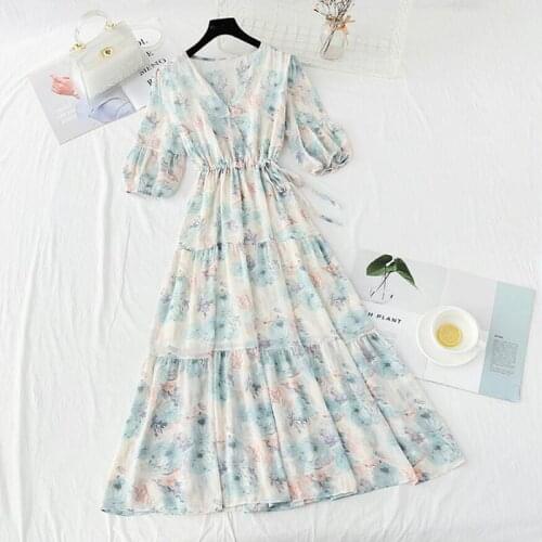 2021 Elegant Women Dress Summer Sweet V-neck Puff Sleeves Floral Dress Drawstring Elastic waist Vintage Ruffle Long Dress