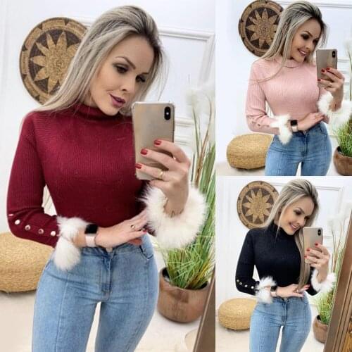 BKLD Long Sleeve Shirts Women 2019 Autumn New Fuzzy Pathcwork Full Sleeves Top For Women Slim Turtleneck Womens Tshirts Casual