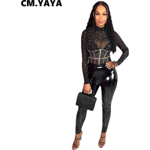 CM.YAYA Women Bodysuit Diamonds Solid Mesh Full Sleeve O-neck Slim Stretchy Bodysuits Sexy Night Clubwear Fashion Outfit Autumn
