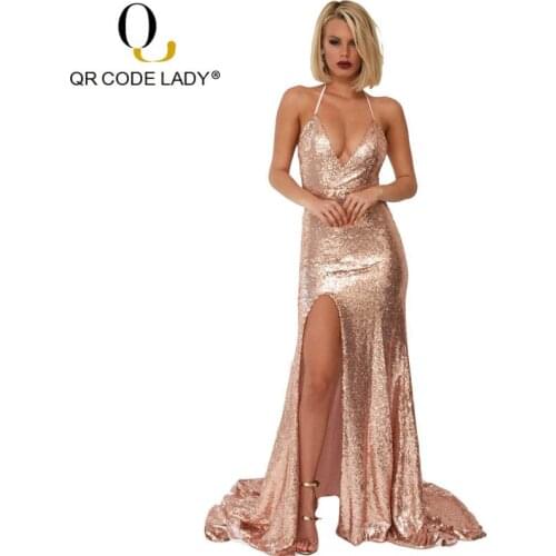 QR Luxury Sequin Summer Dress Women 2019 Sexy Deep V Neck Backless Long Party Dress Female Casual Slim Halter Split Maxi Dresses