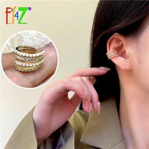 F.J4Z 1PC Cuff Earrings Fashion Trend Copper Metal Cubic Zirconia Simulated Pearl Non-piercing Earring Womens Ear Cuffs Jewelry