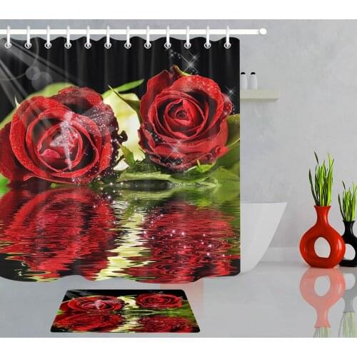 Red Rose Shower Curtain Valentines Day Red Flowers Green Leaves Waterproof Polyester Bath Curtain with Mat Bathroom Accessories