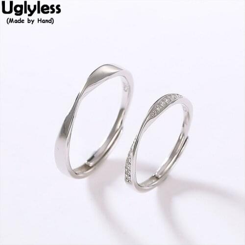 Uglyless 1 Pair Zircon Lovers Twist Rings Real 925 Sterling Silver Simple Fashion Dress Couples Open Ring Men Women Fine Jewelry