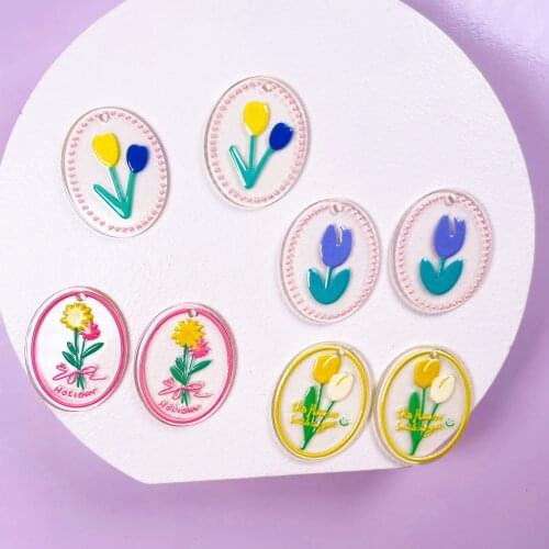 Best selling acrylic ellipse tulip flower relief effect earrings charms Key chain diy