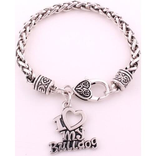 Hot Selling antique sliver plated I LOVE MY BULLDOG charm bracelet Lobster-claw-clasps