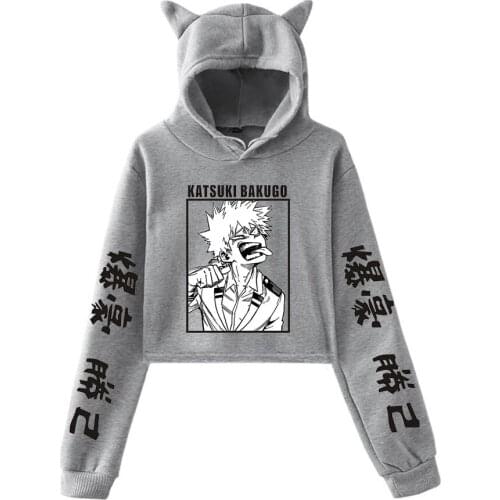 Hot Anime Cartoon My Hero Academia Bakugou Katsuki Printed Cat Ear Hoodie Sweatshirt Women Streetwear Casual Regular Top
