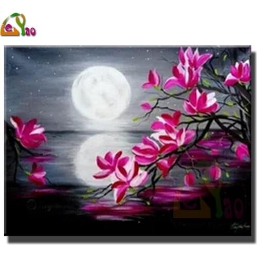 Moon,Moonlight,Pink Orchid,Landscape,Diy Diamond Embroidery Flower Diamond Painting Full Square Round Drill Home Decoration