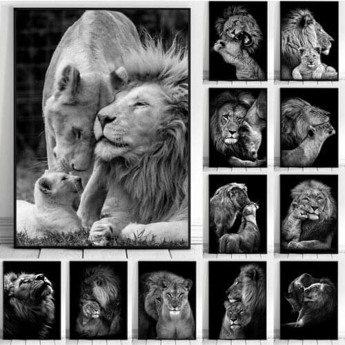 Black White Lion Family Poster Print Father Mother Kids Canvas Wall Art Home Painting Pictures Decoration Bedroom Aesthetic Art