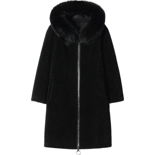 High Quality Genuine 100% Wool Fur Coat Fox Fur Collar Hooded Female Jacket Oversized Coats and Jackets Women Casaco Zjt1912