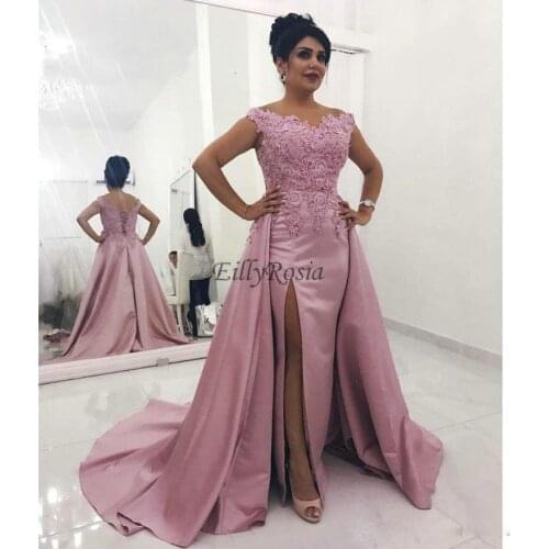 Dusty Rose Evening Dress Detachable Train Sheath Side Split Satin Appliques Capped Sleeve Elegant Evening Gowns Arabian Women