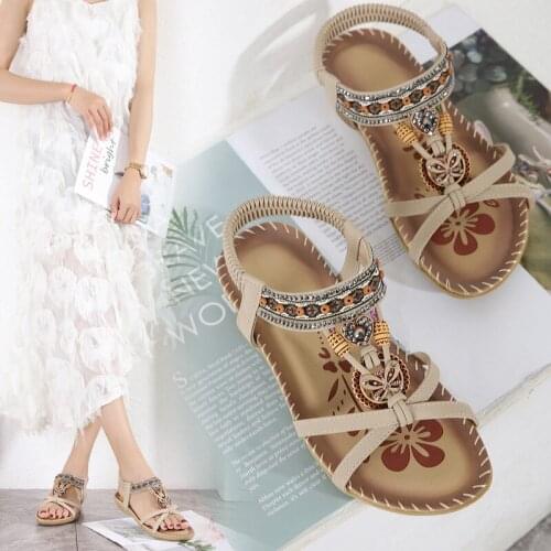 Sandals Ladies 2021 New Flowers Printed Resorts Walking Sandals Women Soft Fashion String Bead Summer Beach Shoes String Bead