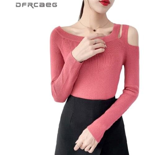 Sexy Off One Shoulder Knitted Top Clothes 2020 Autumn Winter Long Sleeve Slim Pullover Bottoming Sweaters Female