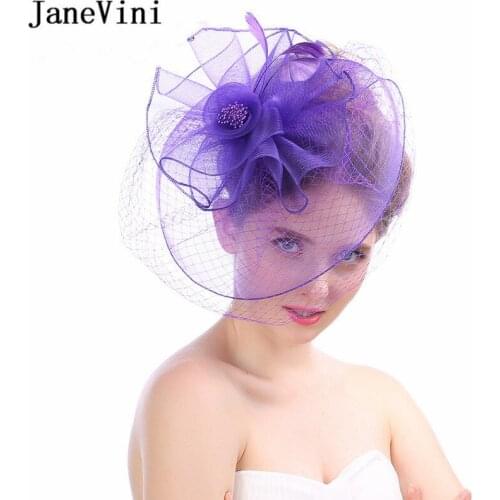 JaneVini 2019 Vintage Womens Wedding Hats with Face Veil Purple Birdcage Elegant Bridal Wedding Hair Accessories Chapeau Mariage