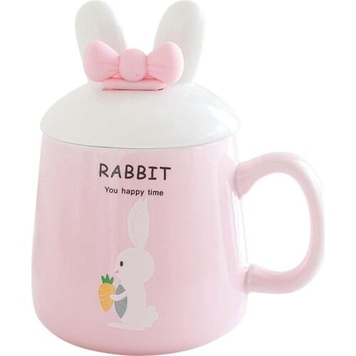 Cute 3D Cartoon Rabbit Ceramic Coffee Mug with Lid and Bow Spoon Cartoon Porcelain Bunny mug Cup Coffee Milk Tea Cup Drinkware
