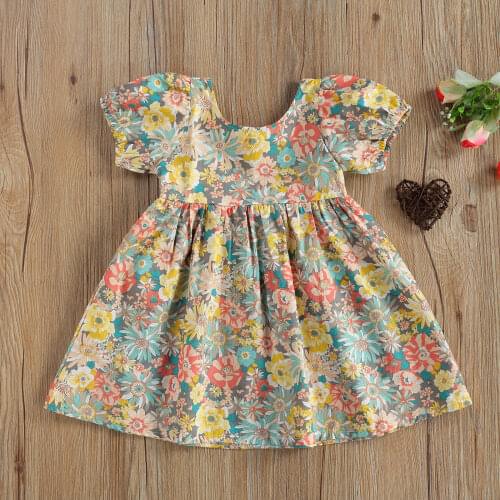 Cute Girls Dress Summer Toddler Baby Short Sleeve Flower Print Cross Strap Decoration Back Cool Hollow Design Dresses