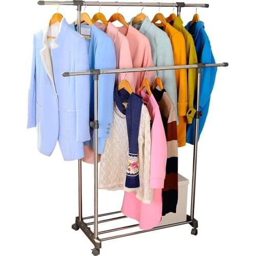 Double Rail Coat Stand Garment Rack Rolling Adjustable Organizer Shelf Hanger Heavy Duty with Wheels DQ0056B/E