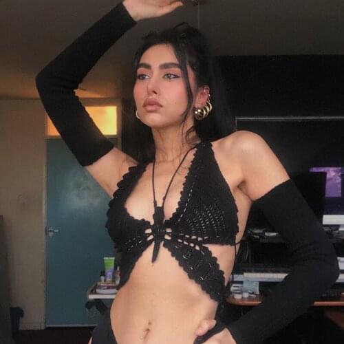 Y2K Women Sexy Knit Camisole Halter Hollow Out Straps Backless Navel Rave Club Bra Crop Top for Dancing Music Festival Dating