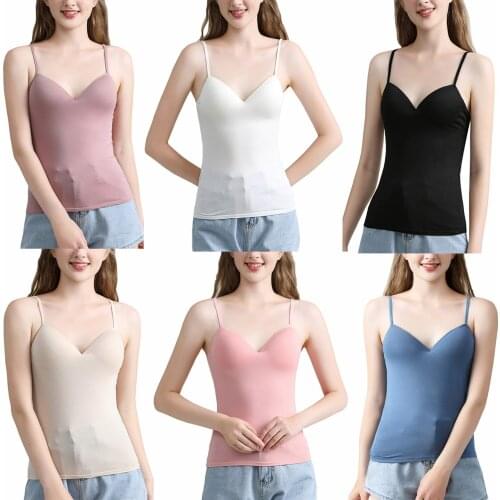Womens Sexy Slim Solid Color Deep V Camisole with Chest Pads Home Leisure Spaghetti Straps Sleeveless Tops Pajamas Shirt Vest