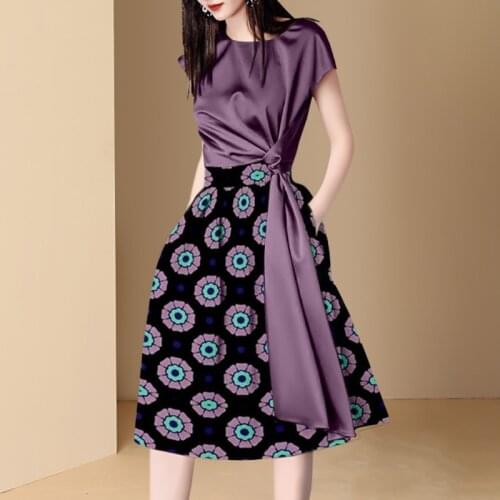 Women Fashion 2 Two Piece Set Short Sleeve Folds Bandage Top High Waist Vintage Print A-Line Skirt Female Summer Clothes Set