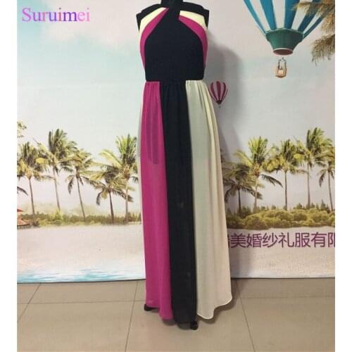 Free Shipping New Design Multi Colors Rainbow High Neck Side Slit Gold Metal Belt Long Chiffon Evening Dress Women Gown WL307