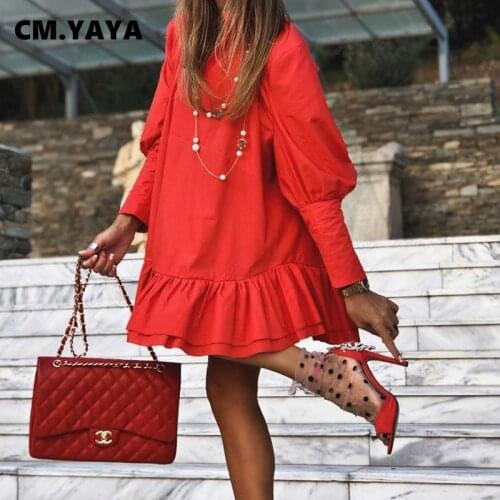 CM.YAYA Women Mini Dress Solid Full Puff Sleeve Strand Collar Loose Ruffles Dresses Fashion Outfits Vintage Vestidos Autumn 2021