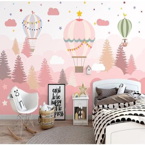 Custom 3D Poster Photo Wallpaper For Kids Room Hand Painted Pink Cartoon Clouds Hot Air Balloon Children Room Girl Bedroom Mural