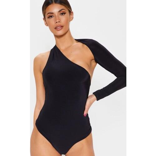 DANJEANER Black Sexy Blackless One Shoulder Long Sleeve Party Skinny Solid Bodysuit Autumn Women Highstreet Bodysuits Overalls