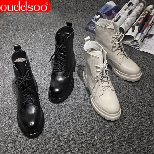 ODS Genuine Leather Winter Boots For Women Plus Size 10 Ladies Womens Boot Female Lace Up Flat Biker Combat Woman Botas Martin
