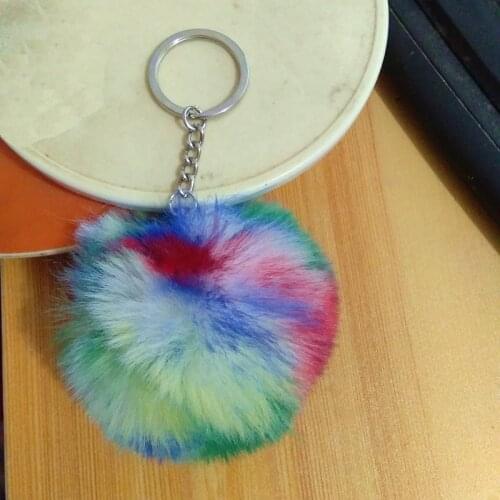 FUYIER New Colorful Round Keychain Faux Beaver Fur Ball Key Chain Real Bunny Pompom Keyring Pompon Bag Charms Car Tassel Pendant