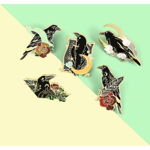Black Raven Enamel Pins Custom Bird Feather Moon Flowers Brooches Bag Lapel Pin Badge Punk Gothic Jewelry Gift for Friends