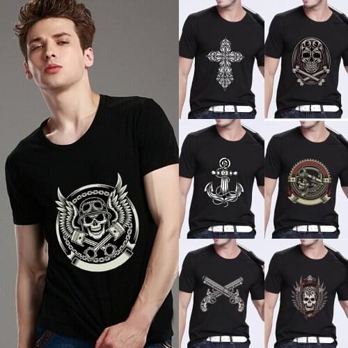Summer Mens T-Shirts Black Classic O-Neck Short Sleeve Tee Fashion Street Style Skulls Pattern Male Tops Youth Man Clothing