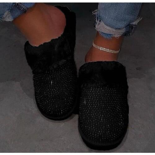 Faux Fur Warm House Slippers Women 2020 New Fashion Womens Slippers Winter New Hedging Rhinestone Flat Home Slippers 35-43