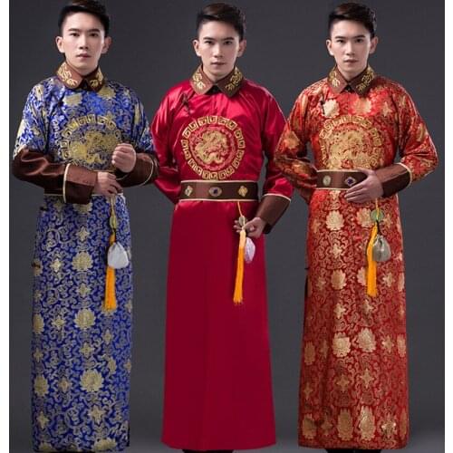 Ancient Chinese Costume Men Traditional Chinese Dance Clothing for Women Long Sleeve Hanfu Satin Robe Dress Boy Qing Dynasty