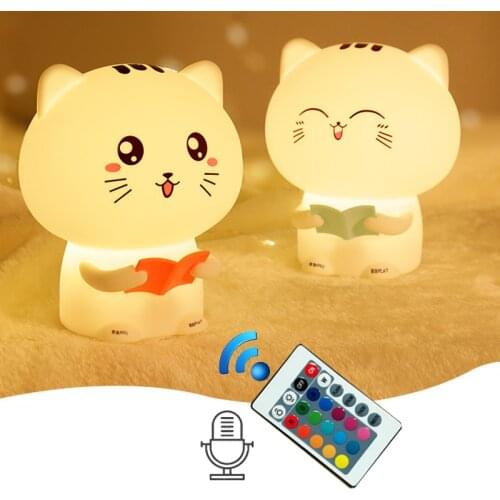 Remote Control Cartoon Silicone Cat Night Light For Children Baby Kids 7 Colors USB Bedside Lamp LED With Recording Function