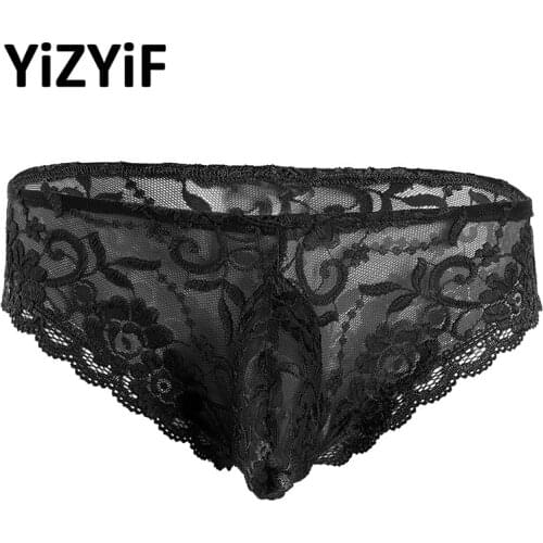 Mens Bikini Swimwear Lingerie Lace Floral Bulge Pouch Low Rise Briefs Swimsuit Underwear Underpants Gay Male Sexy Clothes