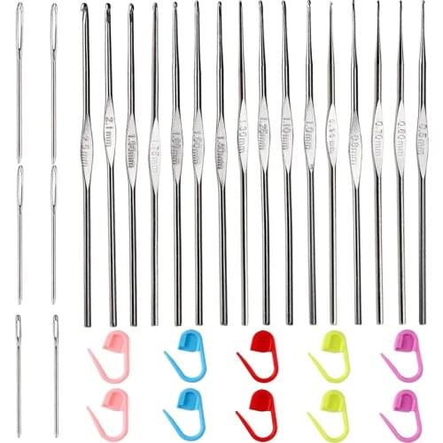Imzay 32PCS Lace Crochet Hooks Set, 0.5mm-2.7mm Aluminum Crochet With Large-Eye Blunt Needles And Stitch Markers For Lacework