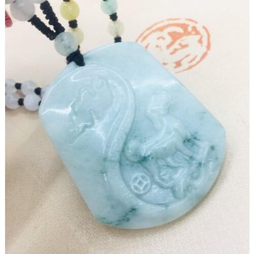 Pure natural Emerald jade Hand-carved large lucky dog pendant Match with emerald three-color bead necklace Men and women sweater