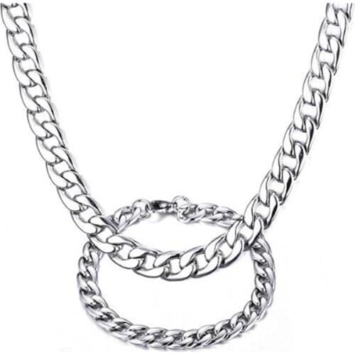 Size 5-10mm Mens Necklace Stainless Steel Cuban Link Chain Necklace Bracelet Set Silver Color Male Jewelry Gifts for Men