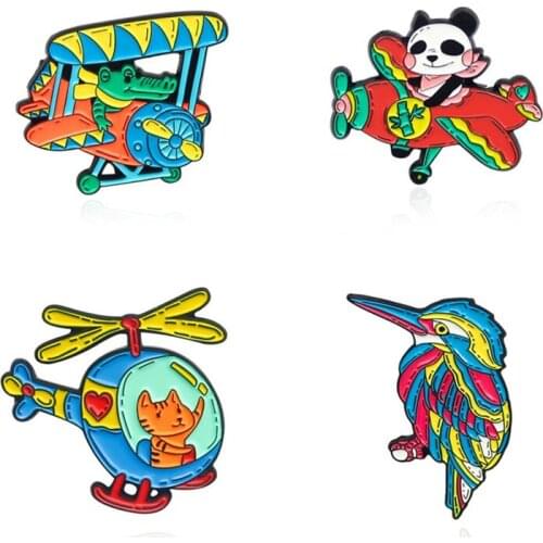 Panda And Crocodile Flying By Plane Lapel Pins Cute Cartoons Anime Bird Enamel Badges Fashion Women Decorative Brooches Jewelry